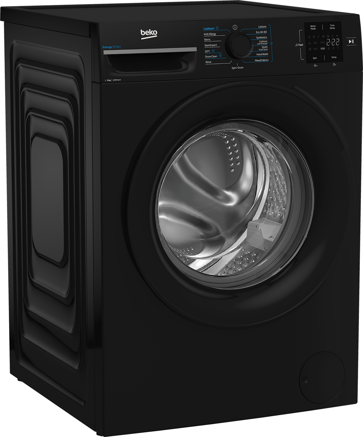 Black Beko 9kg washing machine with front-loading door, control dial, and digital display panel.