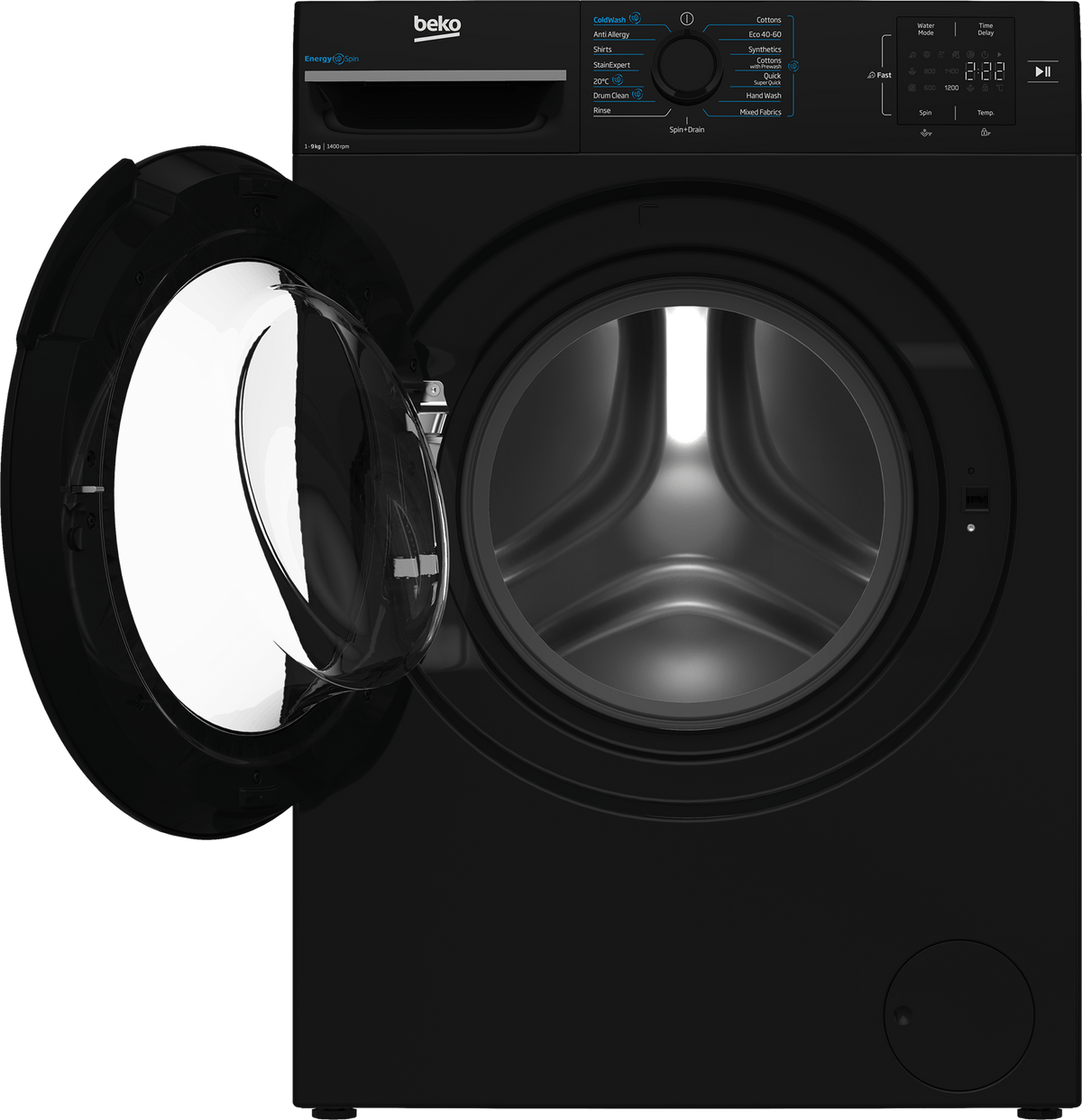 Front view of Beko 9kg black washing machine with open door and control panel showing cycle options and digital display