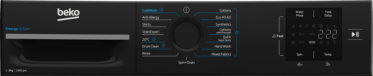 Close-up of the detergent drawer compartments in the Beko 9kg 1400 Spin Washing Machine in black.