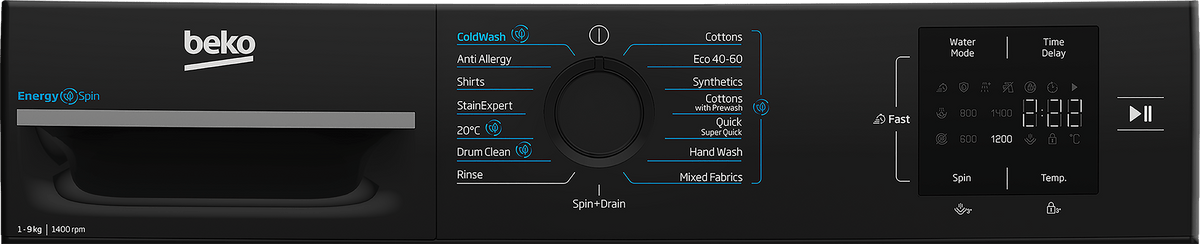 Control panel close-up of Beko 9kg 1400 Spin black washing machine showing program dial and digital display