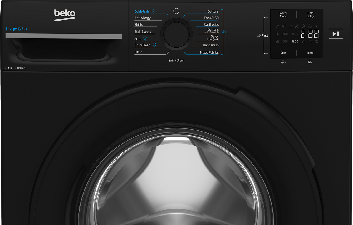 Black Beko 9kg washing machine with open door, control dial, and digital display panel visible