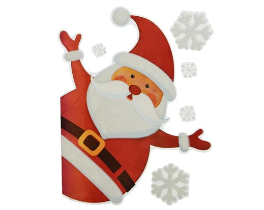 Santa Claus in red suit with white beard and three white snowflakes PVC flock window decoration