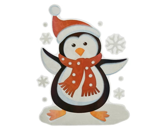PVC flock window decoration of a penguin wearing a Santa hat and red scarf with snowflakes.