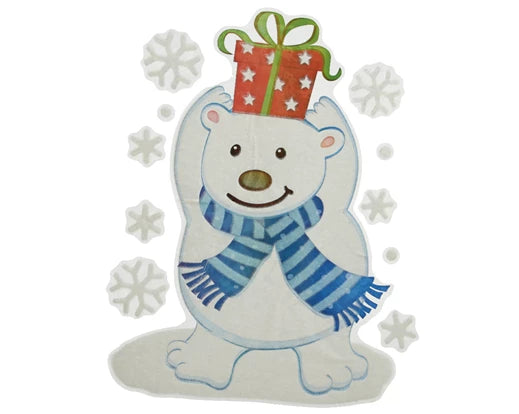 PVC flock window decoration of a smiling polar bear wearing a blue scarf with a red gift on its head, surrounded by