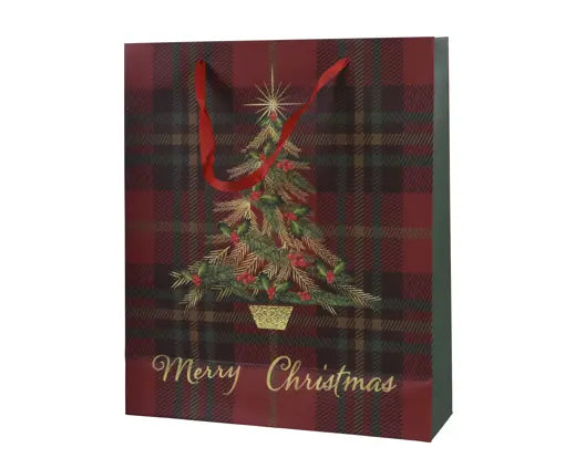 Glitter Check Christmas Tree Gift Bag 18 x 8 x 24cm - Image 1