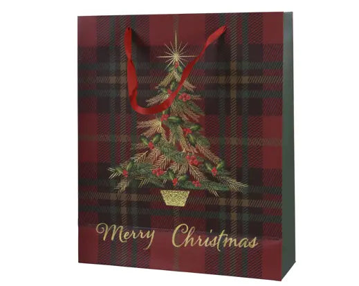 Glitter Check Christmas Tree Gift Bag 26 x 10 x 32cm - Image 1