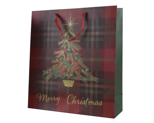 Glitter Check Christmas Tree Gift Bag 30 x 12 x 42cm - Image 1