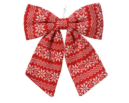 Red and white polyester bow with snowflake and zigzag pattern, 22cm wide, festive design.