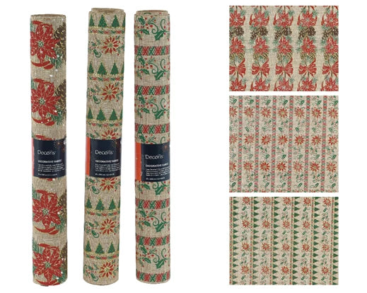 Fabric Christmas Table Runner – 3 Assorted Jute-Look Designs – 35cm x 200cm - Image 1