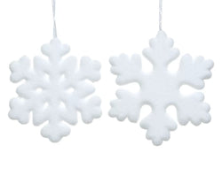 White foam snowflake decoration 20cm with fibre finish and white satin hanger, assorted designs – Keans Claremorris