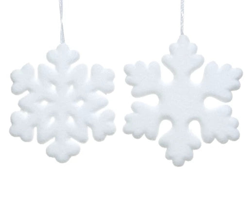 White foam snowflake decoration 20cm with fibre finish and white satin hanger, assorted designs – Keans Claremorris