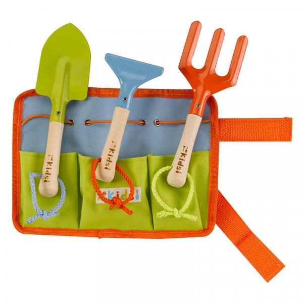 Kids' adjustable tool belt with 3 wooden-handled garden tools, eco-friendly FSC timber – Keans Claremorris.