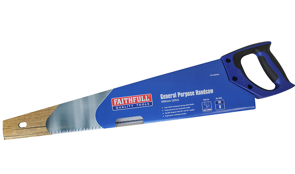 Faithfull General-Purpose Handsaw 550mm with blue handle and wooden blade cover showing 8 teeth per inch label.