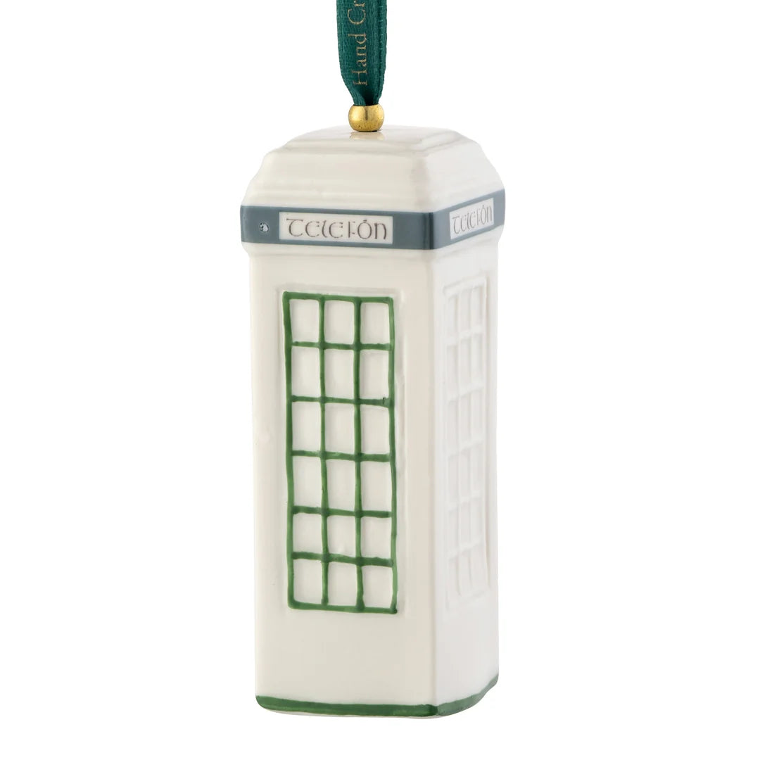Belleek handpainted ceramic ornament of a white Irish Telefón box with green window panes and gray signage.