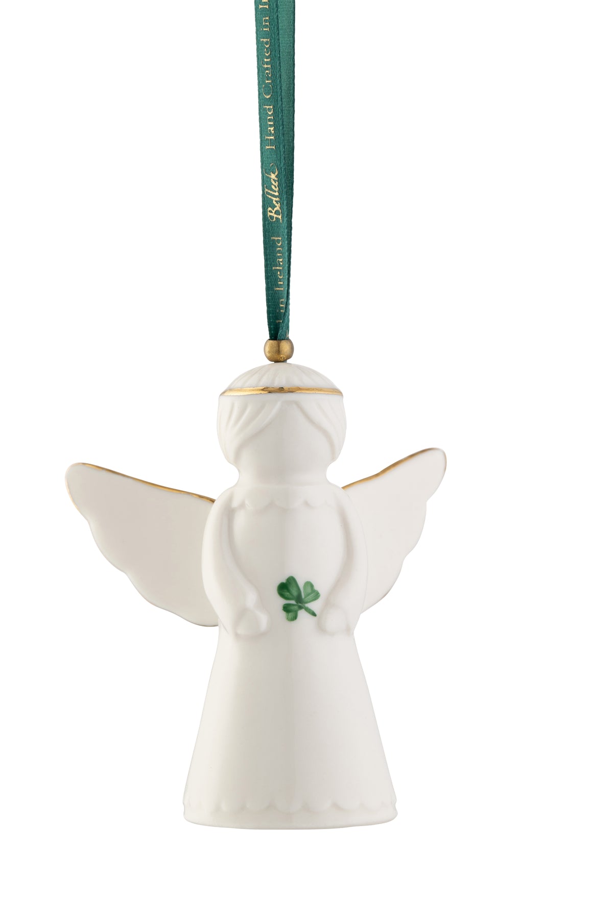 Belleek Classic Irish Angel Ornament in white porcelain with gold trim, holding a green shamrock, hanging on a green ribbon.