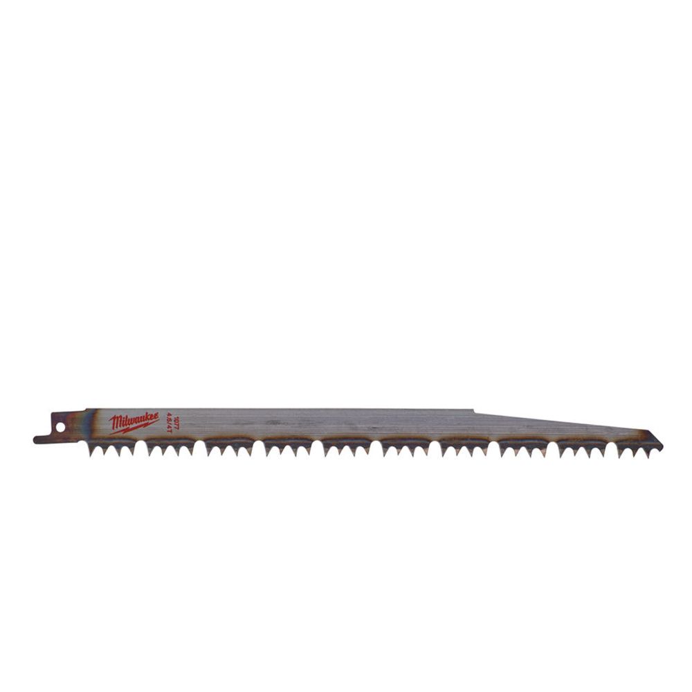 Milwaukee 240mm bi-metal sabre saw blade with large teeth and red logo on shank against white background.