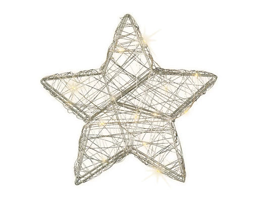 Silver wire star frame with small glowing micro LED lights, battery operated and 20cm tall.