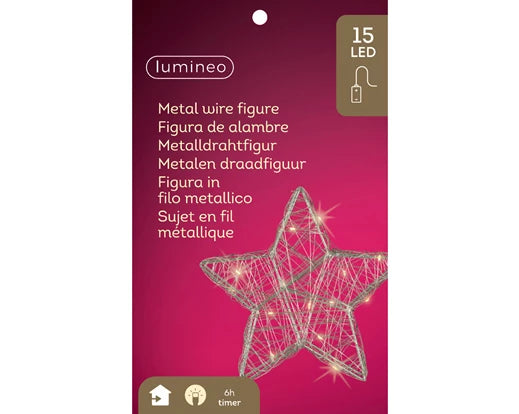 Packaging of Micro LED Star Wire Steady with 15 battery-operated LED lights on a metal wire star figure against a pink