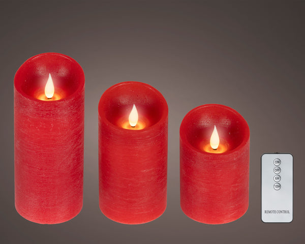 LED Realistic Waving Flame Candles – Red Wax, Warm White (Set of 3)