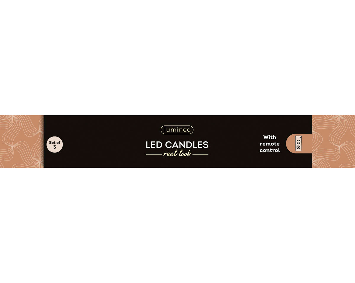 Set of three red wax LED candles with realistic waving flame effect on a dark background.