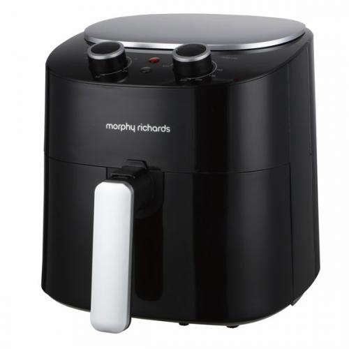 Morphy Richards 4.2L black air fryer with white handle, two control dials, and compact design.