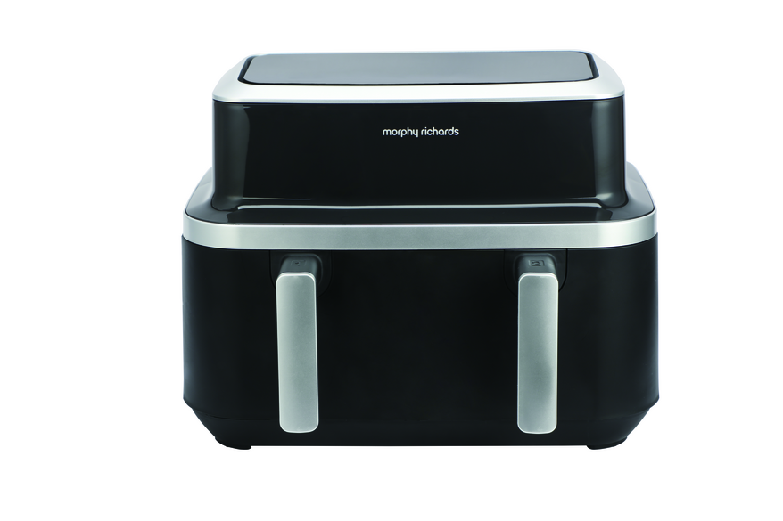 Morphy Richards 9L Flex Drawer Air Fryer in black with two silver handles and digital control panel on top.