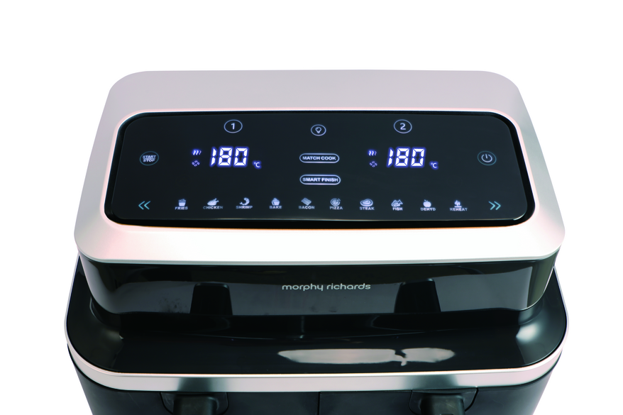 Close-up of Morphy Richards 9L Airfryer 481004 Flex Drawer digital control panel with temperature and cooking icons.