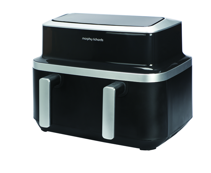 Morphy Richards 9L Airfryer with dual silver handles and a black rectangular body with silver trim
