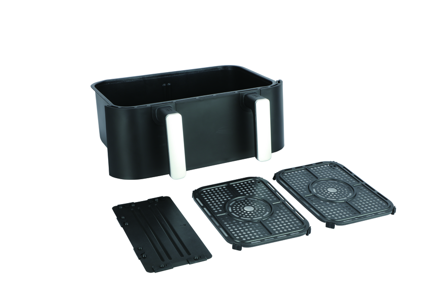 Morphy Richards 9L Airfryer flex drawer with two perforated trays and a solid base plate shown separately.