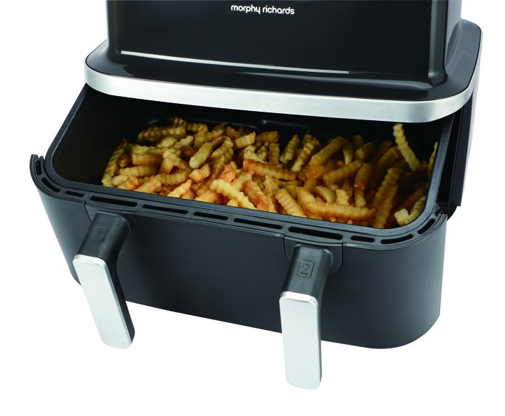 Morphy Richards 9L Airfryer with open flex drawer filled with crinkle-cut fries.
