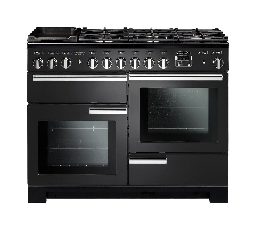 Rangemaster Professional Deluxe 110 dual fuel range cooker in black with six burners and two ovens visible from the front.