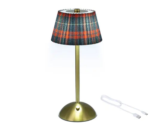 Rechargeable LED Table Lamp – Gold with Tartan Pleated Shade | 30cm - Image 2