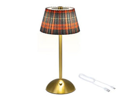 Rechargeable LED Table Lamp – Gold with Tartan Pleated Shade | 30cm