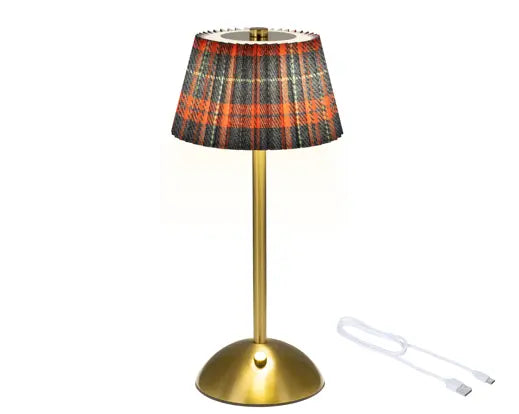 Rechargeable LED Table Lamp – Gold with Tartan Pleated Shade | 30cm - Image 4