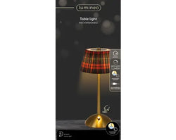 Rechargeable LED Table Lamp – Gold with Tartan Pleated Shade | 30cm