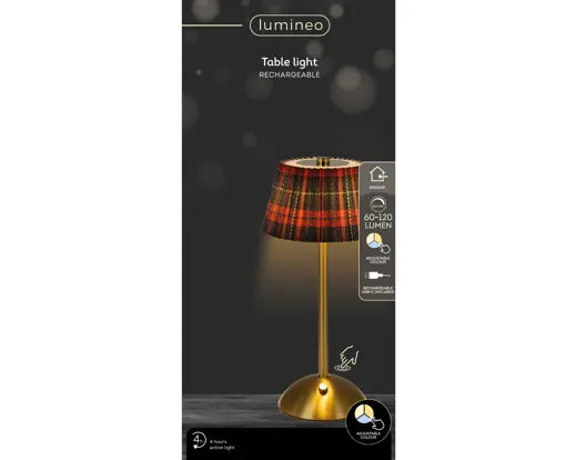 Rechargeable LED Table Lamp – Gold with Tartan Pleated Shade | 30cm - Image 3