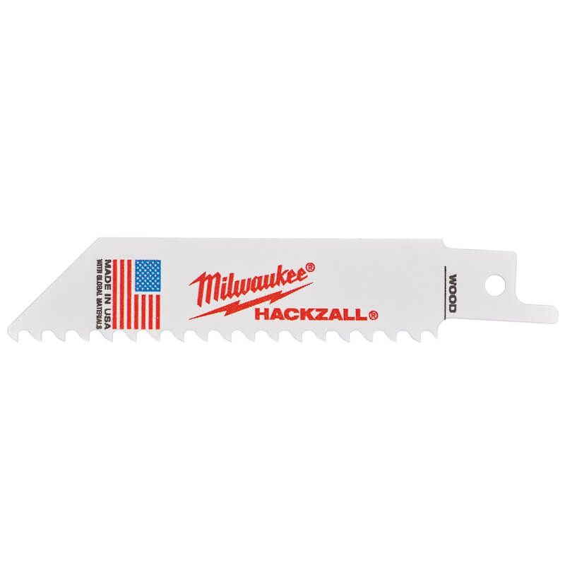 Milwaukee Hackzall 100mm wood cutting blade with red logo and American flag on white background