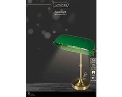 Rechargeable LED Banker Table Lamp –  Green/Gold H.37cm