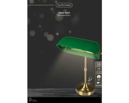 Rechargeable LED Banker Table Lamp –  Green/Gold H.37cm - Image 1