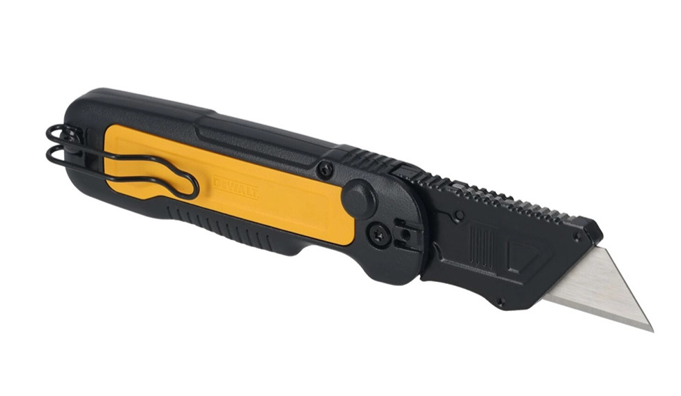 DeWalt folding fixed blade knife with yellow and black handle and exposed sharp blade.