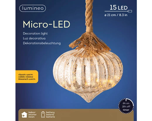 Micro LED Onion Steady Battery Lamp, Indoor Silver, Classic Warm Light, 21cm H x 20cm D – Keans Claremorris