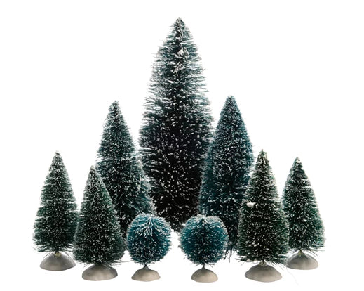 Set of 9 Poly Snowy Trees – Indoor (Pine Green, Dia. 8cm x H.22.5cm Various}