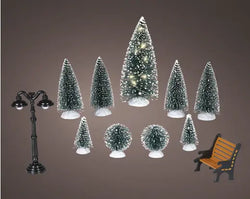 Micro LED Christmas Village Tree & Lamp Accessory Set – Warm White, Battery Operated