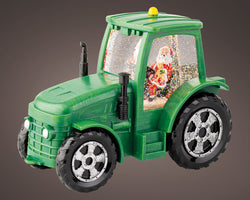 LED Santa in green tractor with warm white LED, water spinner, music, and movement – indoor battery decor by Keans
