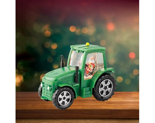 LED Santa on green tractor with water spinner, indoor battery-operated holiday decor – Keans Claremorris
