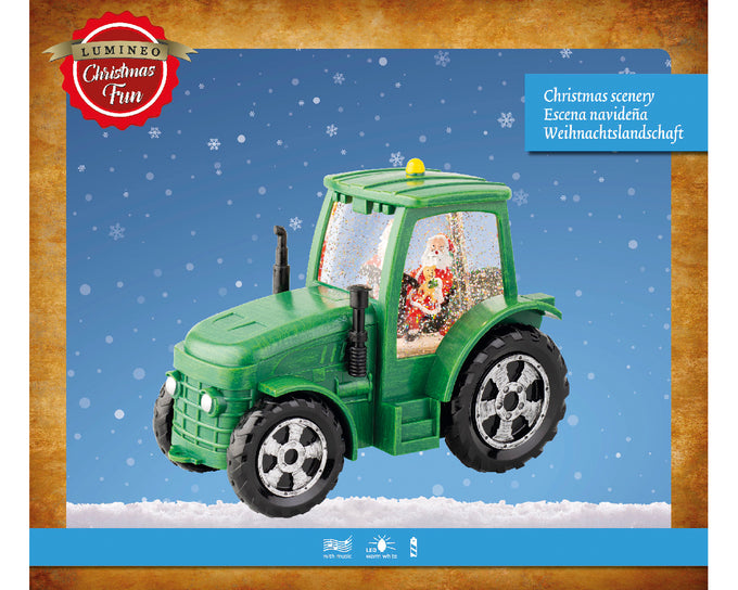 LED Santa on green tractor with water spinner, indoor battery-operated decoration – Keans Claremorris