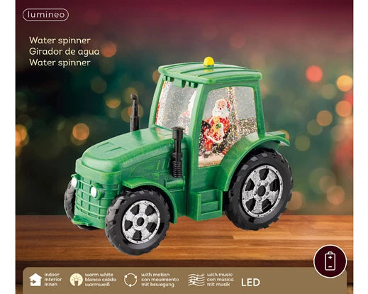 LED Santa on green tractor with water spinner, indoor battery-operated decoration – Keans Claremorris