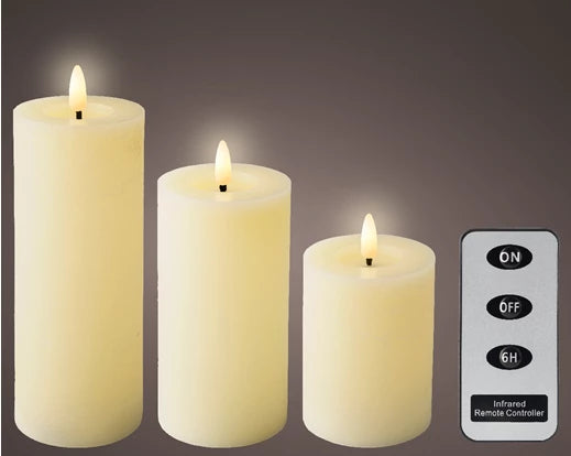 Set of 3 Cream LED Wick Candles – Remote Control Battery Operated