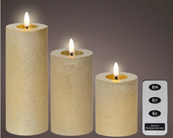 Set of 3 Gold LED Wick Candles – Remote Control Battery Operated