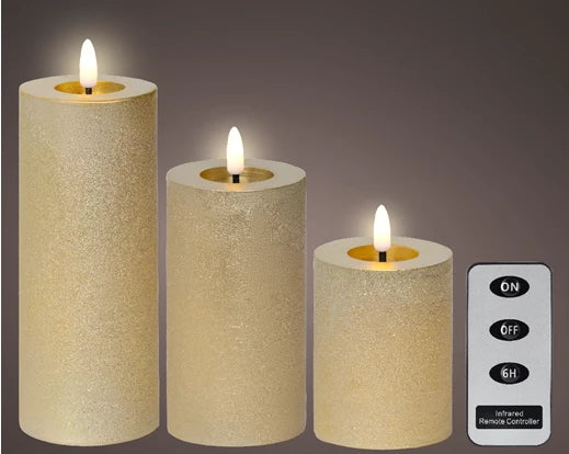 Set of 3 Gold LED Wick Candles – Remote Control Battery Operated